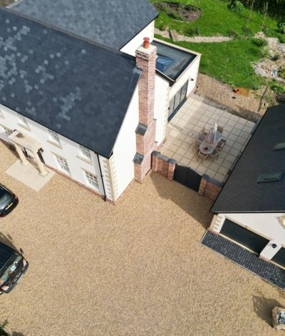 aerial view of large gravel driveway installation in norwich